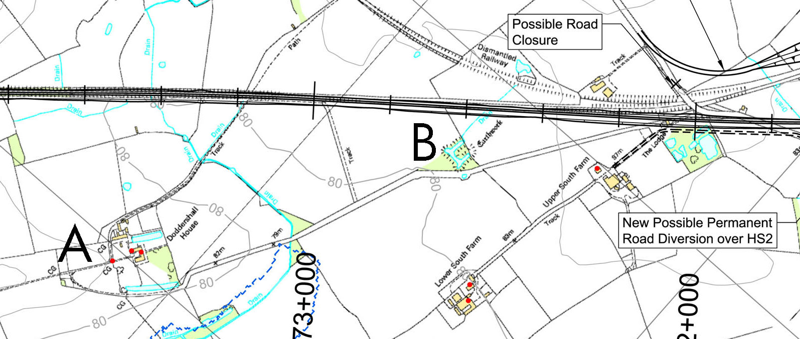 A map showing the HS2 line past Doddershall