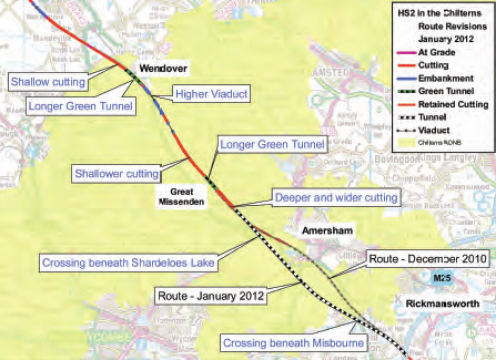 The amended route of HS2 through the Chilterns 2012