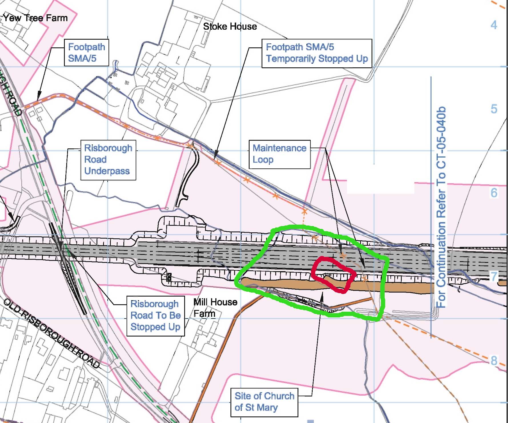 The HS2 engineering plan issued in 2013, showing the four 
						parallel rail lines oblitering the Stoke Mandeville deserted village site.