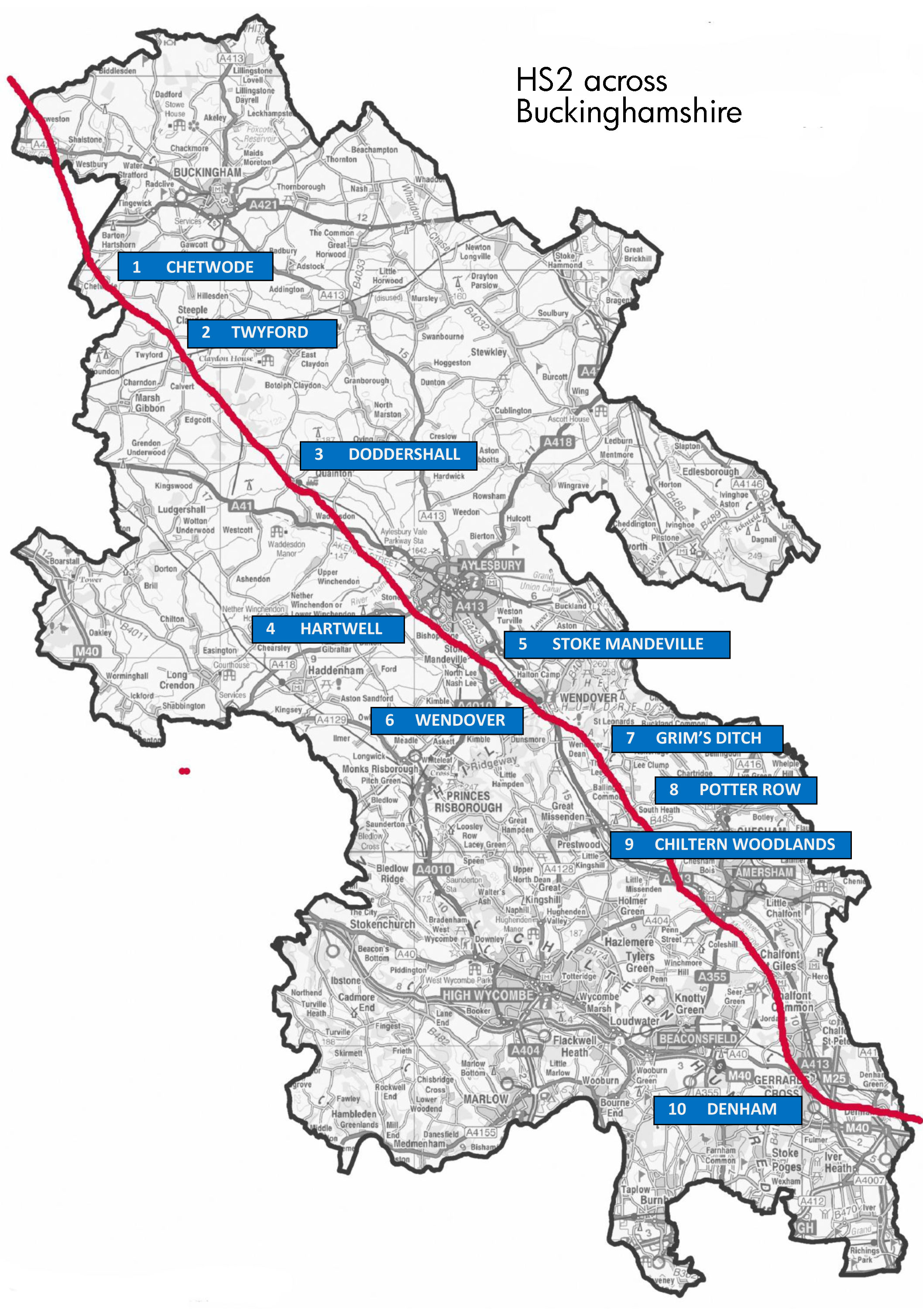 The route of HS2 across Buckinghamshire