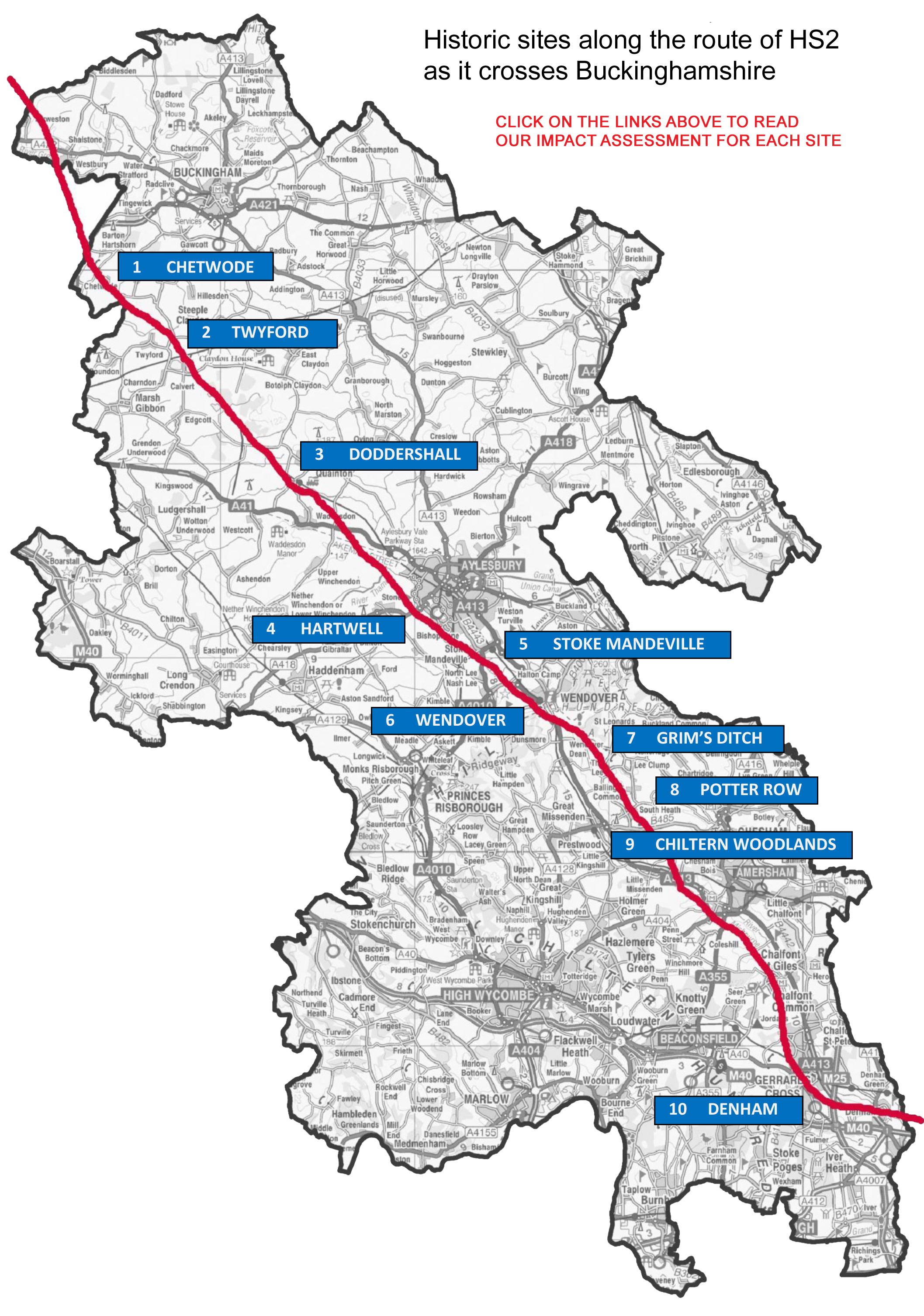 Map showing historic sites along the route of HS2 across Buckinghamshire