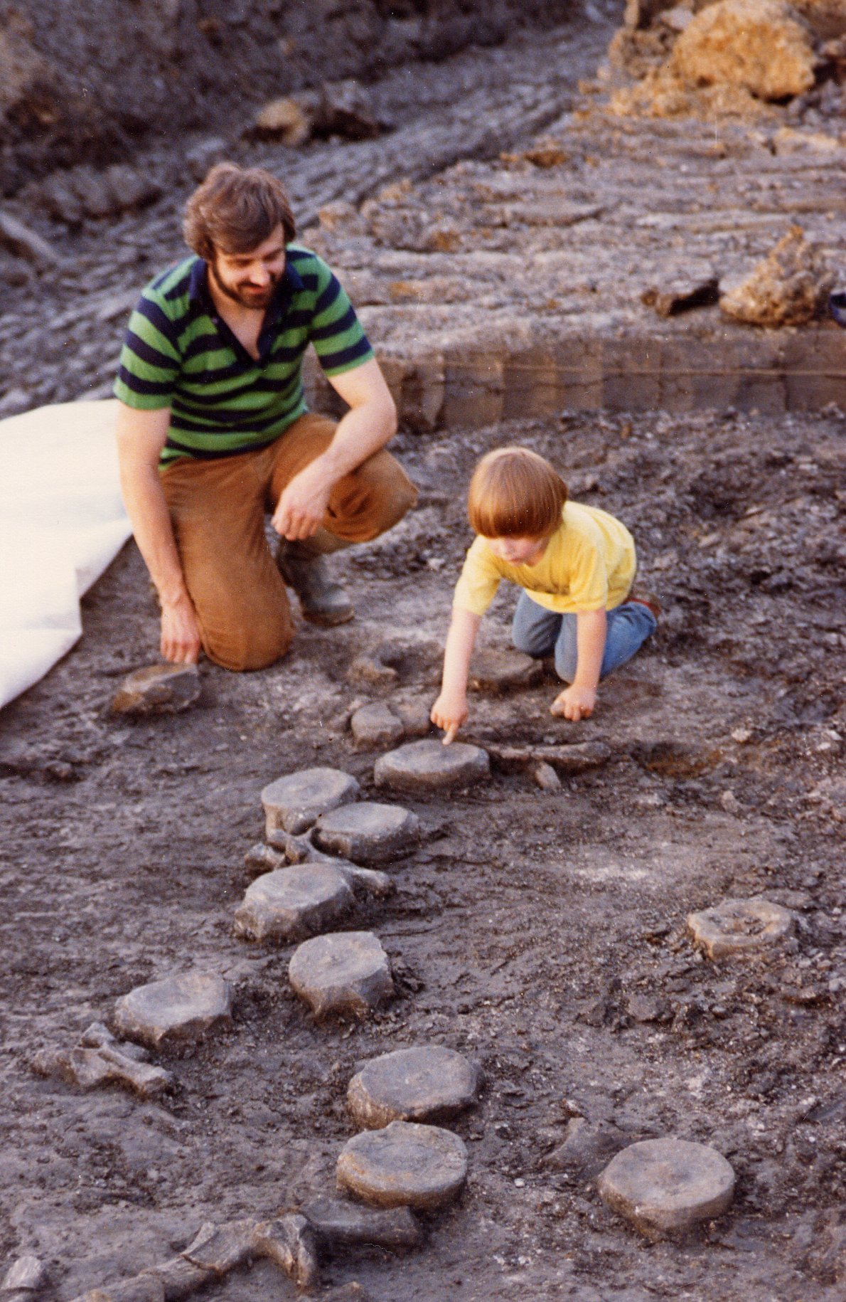 Geologist Michael Oates and his son examine the Pliosaur bones